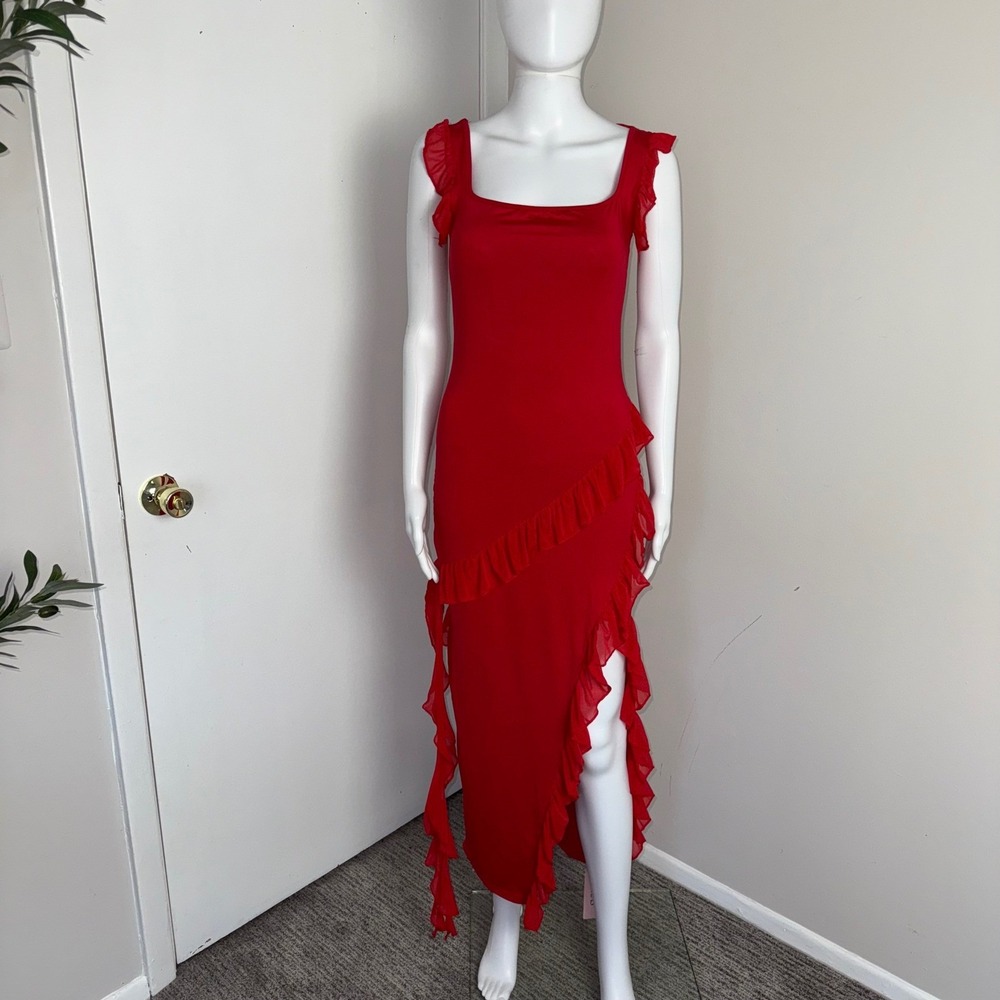 Micas Red Ruffle Dress Bodycon Party Cocktail Evening Asymmetric Size M